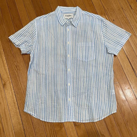 Huckberry Corridor New York Striped Seersucker Shirt Size Large L Short Sleeve - Picture 3 of 10